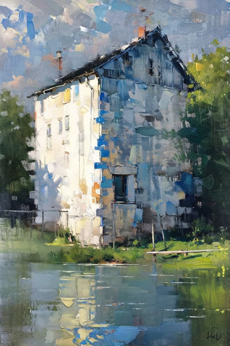 379863-665680057-(OIL PAINTING),(IMPRESSIONISM), _lora_bichu-v0612 _1_,bichu,landscape,sky,water,house, grass, cow.png